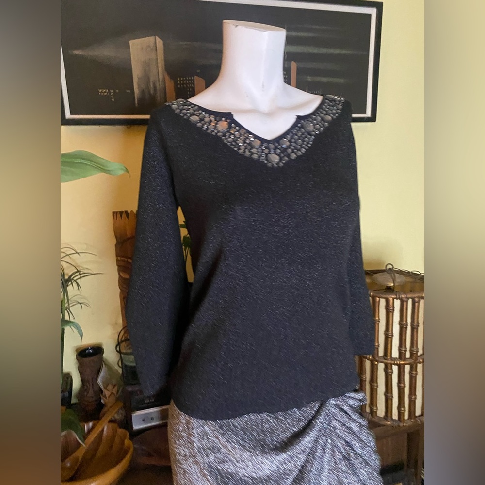 Ladies Vintage Joseph A. black glitter rhinestone blouse Hollywood glamour era